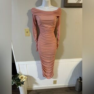 Off-Shoulder Ruched Midi Dress in Dusty Rose